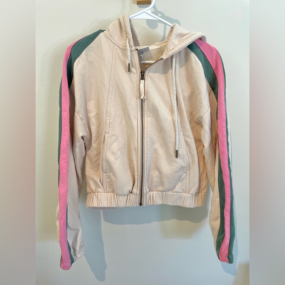 Green and pink striped zip up hoodie